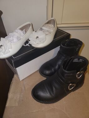 Bundle Of 2  Girls' Black Ankle Boots And White Flats Sz10
